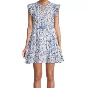 Celina Moon Flutter Sleeve Mini Dress Blue Floral Tassels Size Large